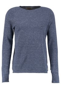 Marinblå långärmad tröja med en texturerad yta, med rundad halsringning och raglanärmar. Sidoventiler vid botten.