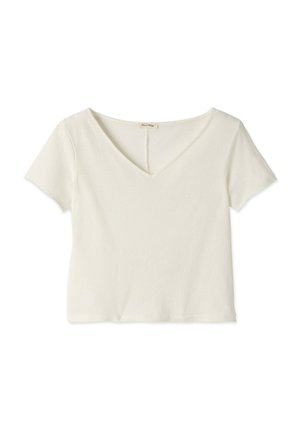 Korte mouwen, V-hals t-shirt van zacht, lichtbeige stof. Eenvoudig ontwerp met een ontspannen pasvorm en zonder patronen of versieringen.