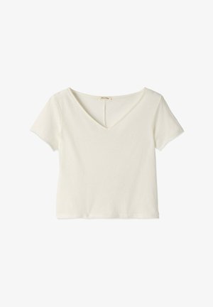 Korte mouwen, V-hals t-shirt van zacht, lichtbeige stof. Eenvoudig ontwerp met een ontspannen pasvorm en zonder patronen of versieringen.