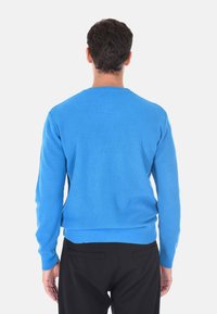 Maglione da uomo blu in maglia con collo rotondo, polsini e orlo a costine. Texture liscia, design aderente, con vista posteriore che mostra la forma complessiva.