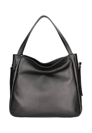 Sac à main en cuir texturé noir avec une bandoulière unique et un bord supérieur légèrement incurvé, posé sur un fond blanc.