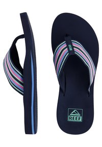Infradito da uomo con suola in gomma blu navy. Le cinghie presentano strisce multicolori. Logo "REEF" visibile sulla cinghia e sulla soletta.