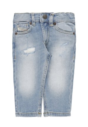 Lys blå denim jeans med slidser, knaplukning, bæltestropper og kontraststikning. Har for- og baglommer.