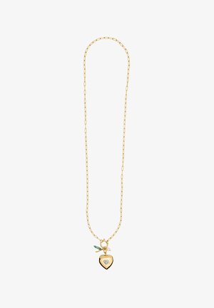 Gouden ketting met een hartvormige hanger met een centrale steen, verfraaid met een klein decoratief sieraad en een contrasterende donkere rand.