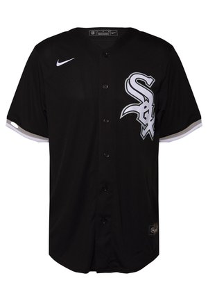 Czarna koszulka baseballowa Chicago White Sox zapinana na guziki, z białym i szarym logo na lewej piersi, białym logo Nike na prawej piersi, szarym i białym wykończeniem rękawów.