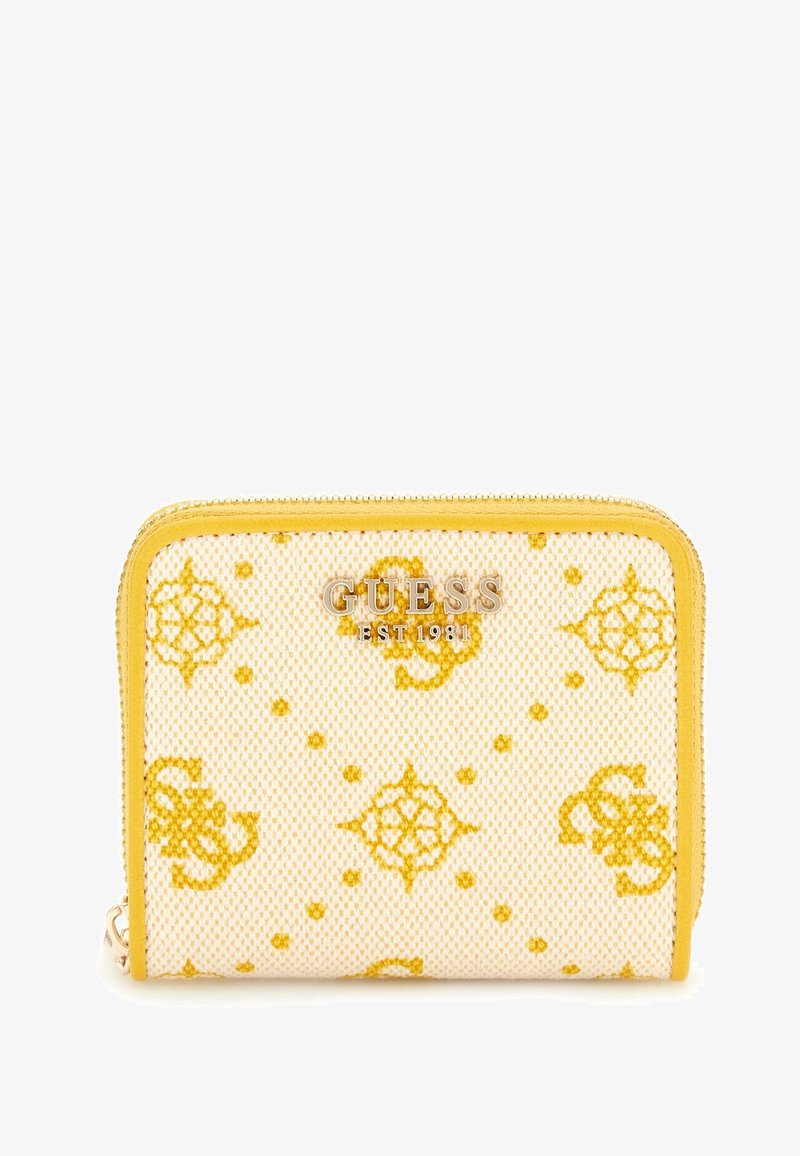 Yellow and white patterned wallet made of textured fabric, featuring a zip closure and a metallic brand logo on the front.