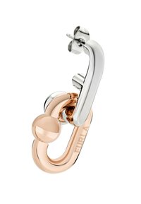 Srebrne i rosegold metalne naušnice s povezanim dizajnom koji sadrži akcentu u obliku okrugle kuglice. Ugravirano je "FURLA."