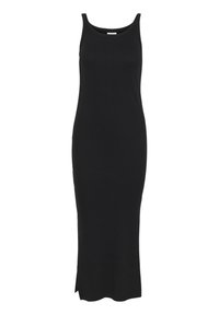 Robe maxi noire sans manches, silhouette ajustée, réalisée en tissu lisse avec une fente latérale et un décolleté arrondi. Design minimaliste sans motifs.
