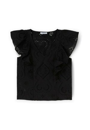 Zwarte katoenen top met een diepe V-hals, korte gerimpelde mouwen en complexe uitgesneden florale patronen door de stof.