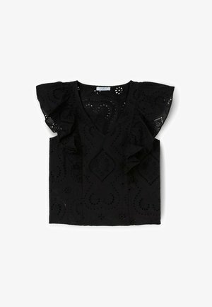 Top en coton noir avec un décolleté en V plongeant, des manches courtes à volants, et des motifs floraux découpés complexes sur l'ensemble du tissu.
