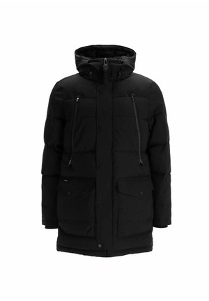 Black padded winter coat with a high collar, front zipper and snap buttons. Features two zippered chest pockets and two large front flap pockets.
