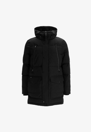 Cappotto invernale imbottito nero con colletto alto, zip frontale e bottoni a pressione. Presenta due tasche sul petto con zip e due grandi tasche anteriori con pattina.