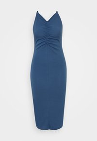 Vestuário midi azul, sem mangas, com uma silhueta justa, detalhes franzidos no busto e uma textura suave. Decote em V e bainha reta.