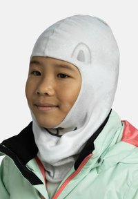 White fleece balaclava with bear face design, featuring gray accents and smooth texture. Worn with a light mint-green jacket.