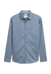 Langarmshirt in donkerblauw met een geometrisch patroon, gemaakt van lichtgewicht stof. Heeft een kraag en knoopsluitingen.