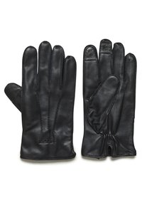 Guanti in pelle nera con una texture liscia, caratterizzati da dettagli cuciti, una vestibilità aderente ai polsi e un design elegante con le dita.