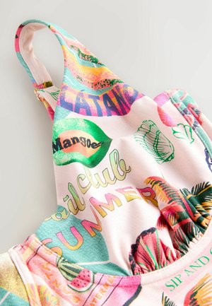 Mitmevärviline ujumistrikoo, millel on erksavärviline troopiline trükk puuviljade ja suve-teemalise tekstiga heleroosa tausta peal; pehme kangas.