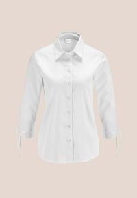 Witte overhemd met kraag, driekwart mouwen en strikdetails aan de manchetten. Glad materiaal met een klassiek ontwerp en pasvorm.