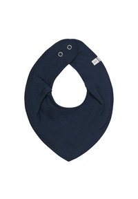 Mörkblå, stickad babybandana med två metallknappar och en liten varumärkesetikett på sidan.