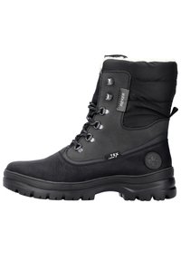 Svart vattentät ankelsko med strukturerad läder- och syntetisk ovandel, vadderad krage, rund tå och gummisula med djupa mönster.