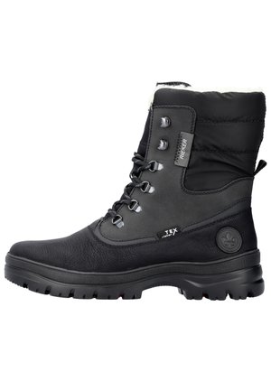 Botín negro impermeable hasta el tobillo con parte superior de cuero texturizado y sintético, cuello acolchado, punta redonda y suela de goma con profundos surcos.