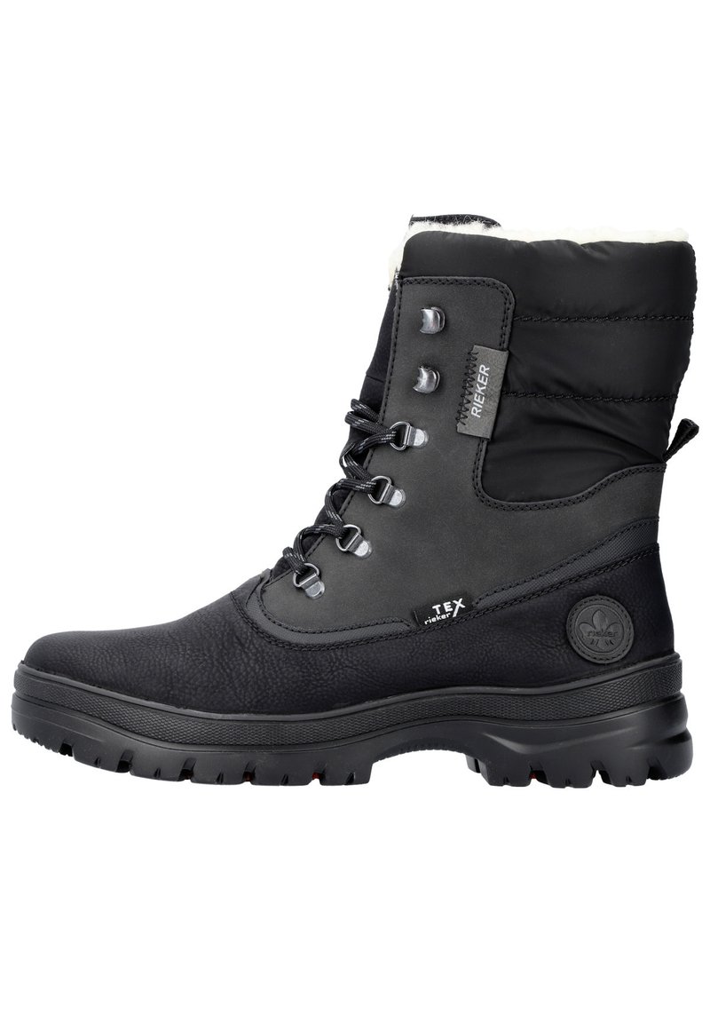 Svart vattentät ankelsko med strukturerad läder- och syntetisk ovandel, vadderad krage, rund tå och gummisula med djupa mönster.