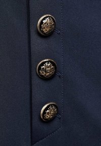 Trois boutons en or et noir ornés de motifs complexes de blasons sur un panneau en tissu bleu marine foncé.