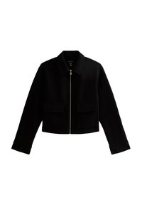 Veste noire cropped en tissu doux, dotée d'une fermeture éclair sur le devant, de deux grandes poches avant et d'un col pointu classique.