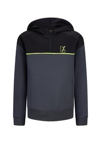 Pullover con cappuccio in nero e grigio scuro, con zip frontale, parte superiore testurizzata, striscia verde lime e polsini e orlo a costine.