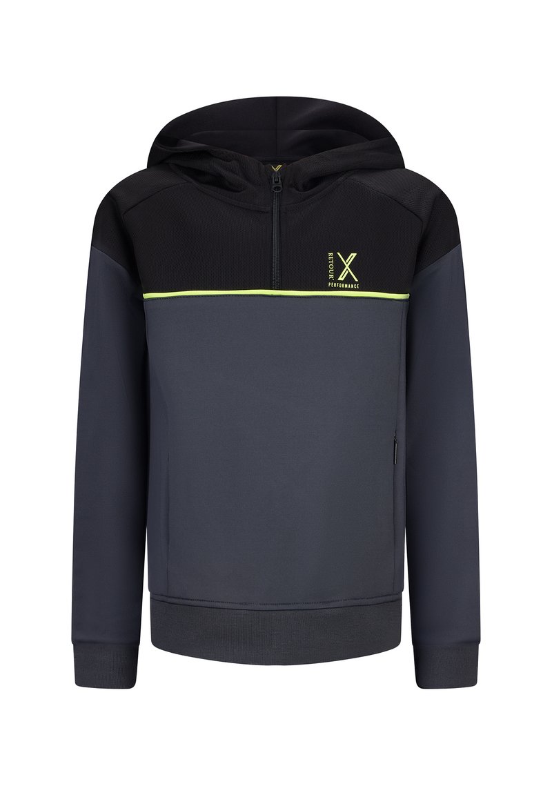 Pullover con cappuccio in nero e grigio scuro, con zip frontale, parte superiore testurizzata, striscia verde lime e polsini e orlo a costine.