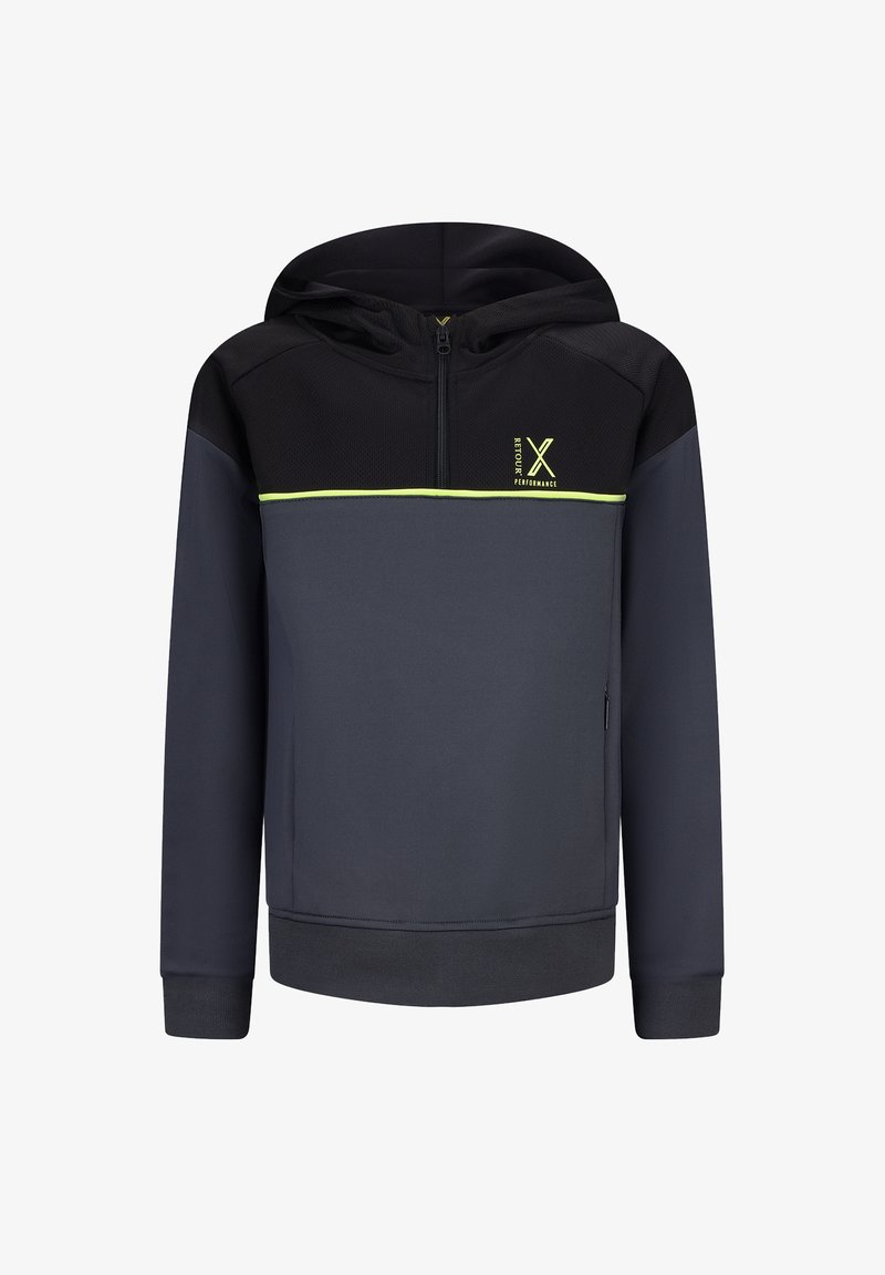 Pullover con cappuccio in nero e grigio scuro, con zip frontale, parte superiore testurizzata, striscia verde lime e polsini e orlo a costine.