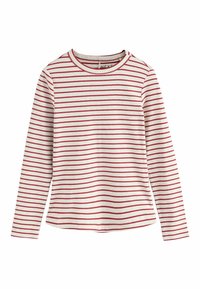 Long-sleeve striped shirt in cream with red horizontal stripes. It features a round neckline and a slightly rounded hem for a casual fit.
