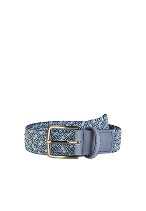 Blue woven fabric belt with a silver metal buckle and blue leather loop and end tab, coiled on a white background.
