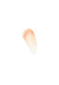 Traînée de crème cosmétique couleur pêche avec une texture lisse et un léger éclat, s'estompant en un bord blanc doux sur un fond blanc.