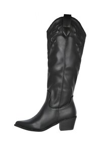 Bota de vaquero negra de cuero con punta afilada, tacón bajo y cuadrado, costuras decorativas y tirador en la parte superior del eje.