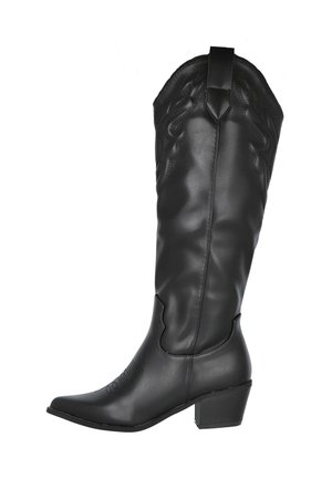 Bota de vaquero negra de cuero con punta afilada, tacón bajo y cuadrado, costuras decorativas y tirador en la parte superior del eje.