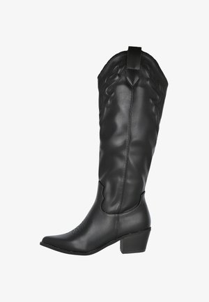 Bota de vaquero negra de cuero con punta afilada, tacón bajo y cuadrado, costuras decorativas y tirador en la parte superior del eje.
