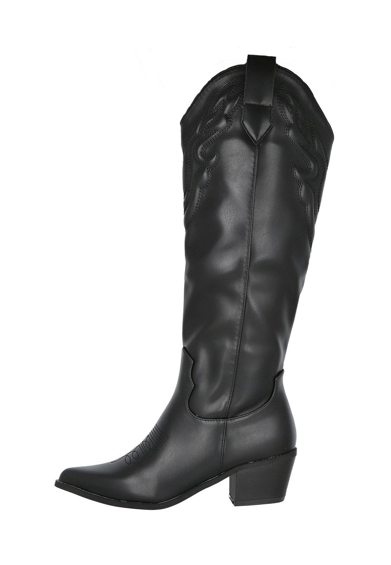 Bota de vaquero negra de cuero con punta afilada, tacón bajo y cuadrado, costuras decorativas y tirador en la parte superior del eje.