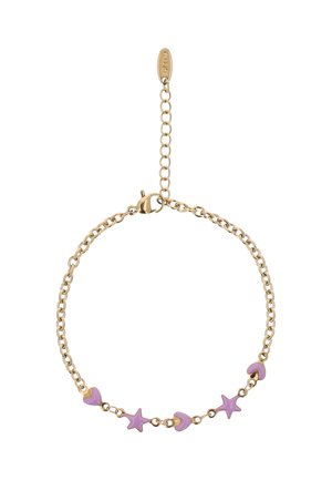 Guldarmbånd med vekslende rosa emaljehjerter og stjerneformede vedhæng med justerbar lås med hummerklør.