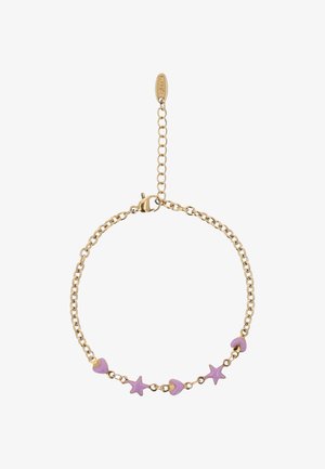 Bracelet en chaîne dorée avec des cœurs en émail rose alternant avec des breloques en forme d'étoile, doté d'une fermeture réglable à mousqueton.