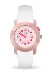 Rosa Plastik-Uhr mit einem weißen Gummiarmband. Verfügt über ein rosa Zifferblatt, große rosa Ziffern und eine rosa Krone mit einem weißen und rosafarbenen Sekundenzeiger.