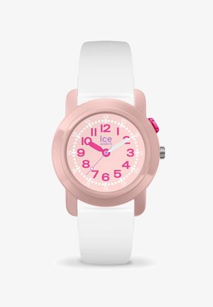 Orologio in plastica rosa con cinturino in gomma bianca. Presenta un quadrante rosa, grandi numeri rosa e una corona rosa con una lancetta dei secondi bianca e rosa.