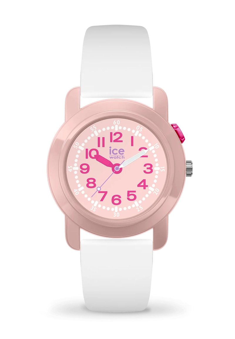 Rosa Plastik-Uhr mit einem weißen Gummiarmband. Verfügt über ein rosa Zifferblatt, große rosa Ziffern und eine rosa Krone mit einem weißen und rosafarbenen Sekundenzeiger.