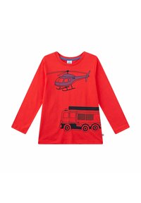 Rotes, langärmeliges Hemd aus Baumwolle mit einem schwarzen Hubschrauber- und Feuerwehrwagen-Grafikmotiv auf der Vorderseite. Rundhalsausschnitt, lässige Passform.