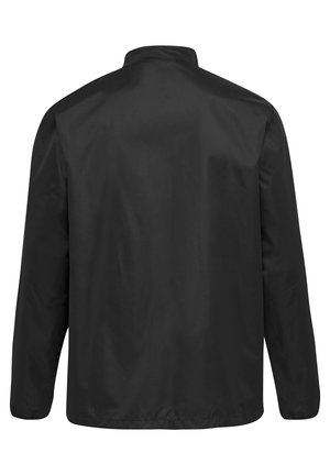 Schwarze, leichte Jacke mit langen Ärmeln, von hinten gezeigt, mit hohem Kragen und elastischen Bündchen, einfarbiger Stoff, keine sichtbaren Logos oder Muster.