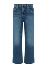 Jeans a gamba larga in denim blu scuro, con una vita con bottone, cinque tasche e una leggera texture sbiadita lungo le gambe.