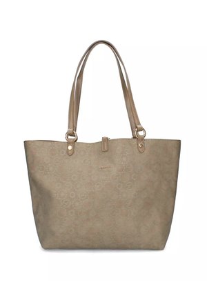 Beige schoudertas van gestructureerd synthetisch materiaal, voorzien van dubbele schouderbanden, een ritssluiting en een reliëf cirkelpatroon.