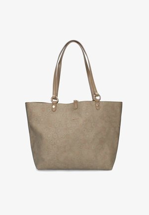 Beige schoudertas van gestructureerd synthetisch materiaal, voorzien van dubbele schouderbanden, een ritssluiting en een reliëf cirkelpatroon.