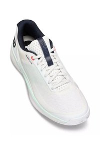 Chaussure de sport blanche avec doublure intérieure noire, lacets et une bande bleue sur la languette, avec le texte "Rush Lite" sur le côté.