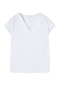 Bílá blůza s krátkým rukávem a hlubokým V-výstřihem, uvolněného a boxy střihu.